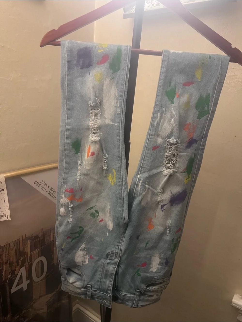 Light Wash Distressed Boys Jeans with Multicolor Paint Splatters